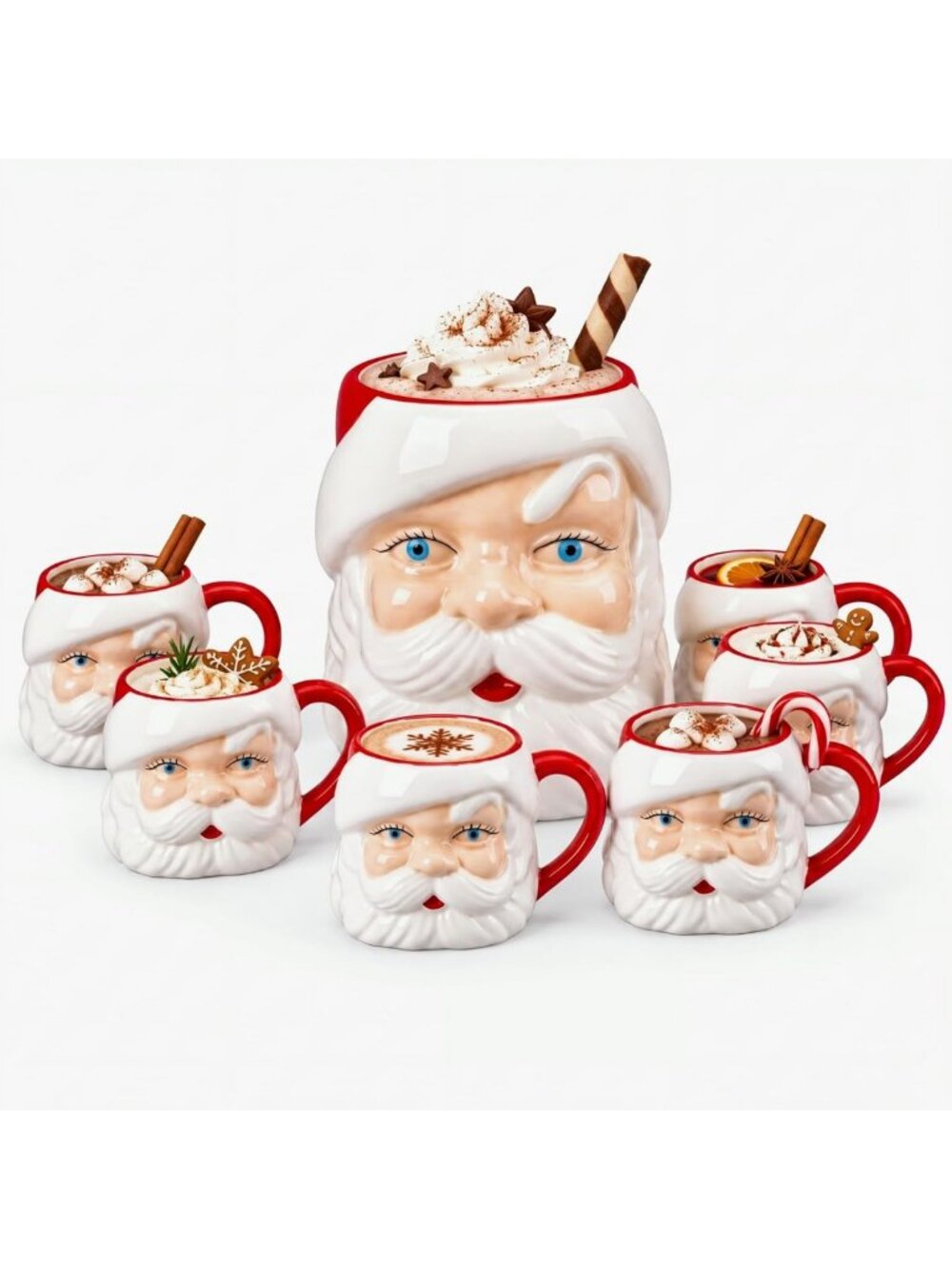 Festive Ceramic Santa Punch Bowl Set with 6 Matching Mugs - Holiday Decor